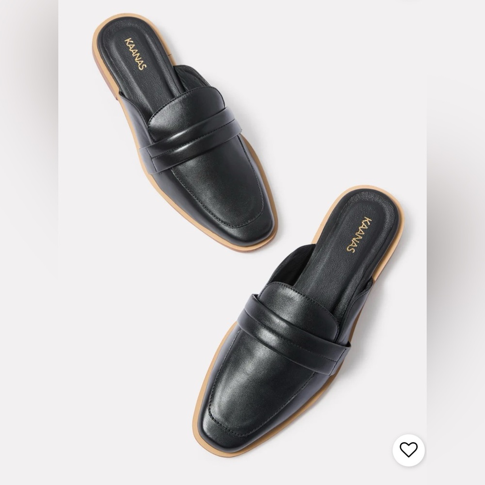 Kaanas Black Smooth Leather Congo Mule Slip-On Square Toe Flats Shoes